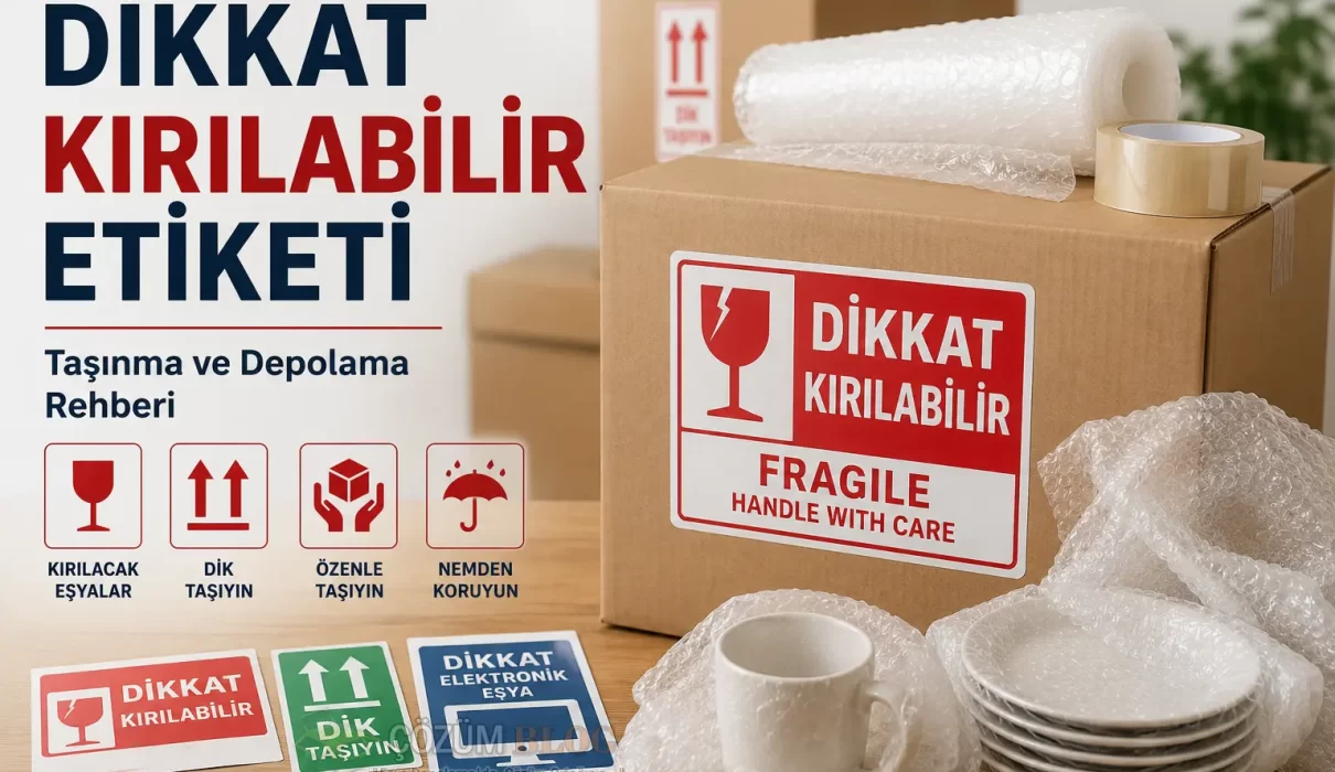 Dikkat kırılabilir etiketi bulunan taşınma kolisi, balonlu naylon ve kırılacak eşya paketleme görseli
