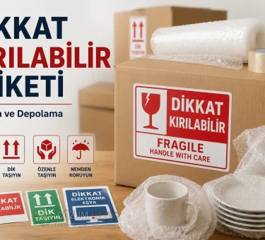 Dikkat kırılabilir etiketi bulunan taşınma kolisi, balonlu naylon ve kırılacak eşya paketleme görseli