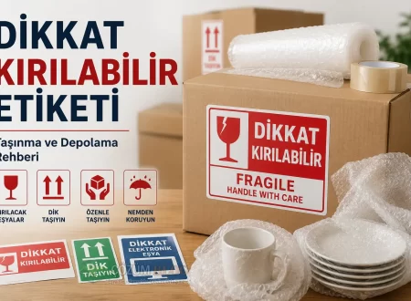 Dikkat kırılabilir etiketi bulunan taşınma kolisi, balonlu naylon ve kırılacak eşya paketleme görseli
