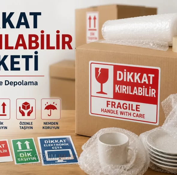 Dikkat kırılabilir etiketi bulunan taşınma kolisi, balonlu naylon ve kırılacak eşya paketleme görseli
