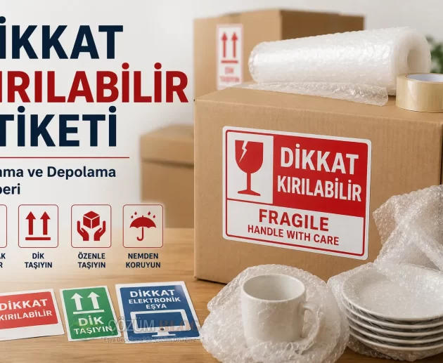 Dikkat kırılabilir etiketi bulunan taşınma kolisi, balonlu naylon ve kırılacak eşya paketleme görseli