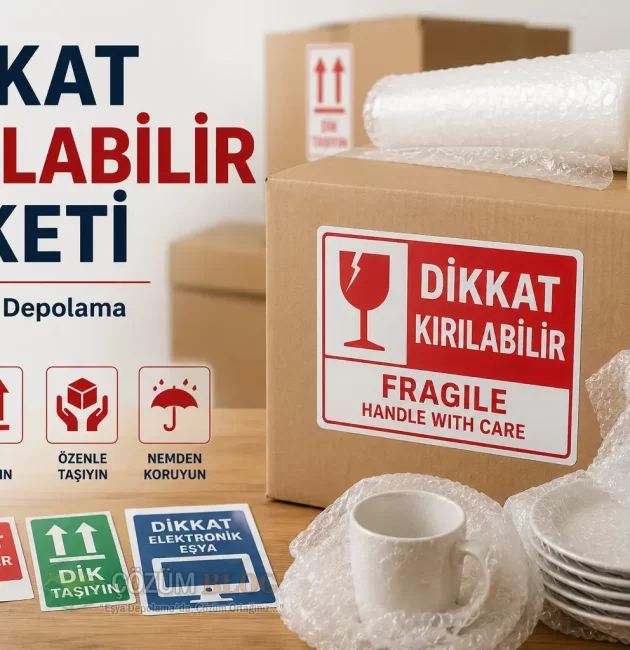 Dikkat kırılabilir etiketi bulunan taşınma kolisi, balonlu naylon ve kırılacak eşya paketleme görseli