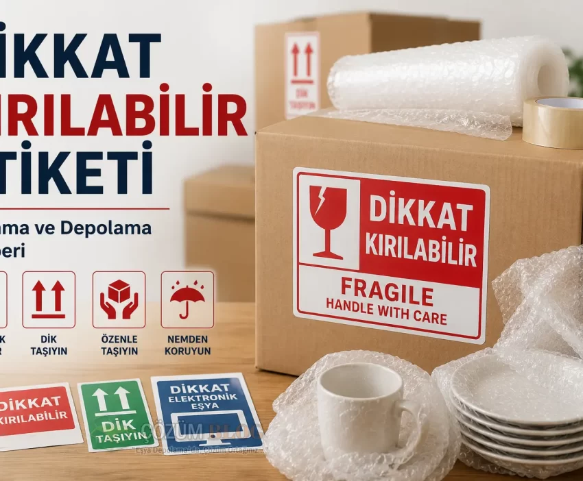 Dikkat kırılabilir etiketi bulunan taşınma kolisi, balonlu naylon ve kırılacak eşya paketleme görseli