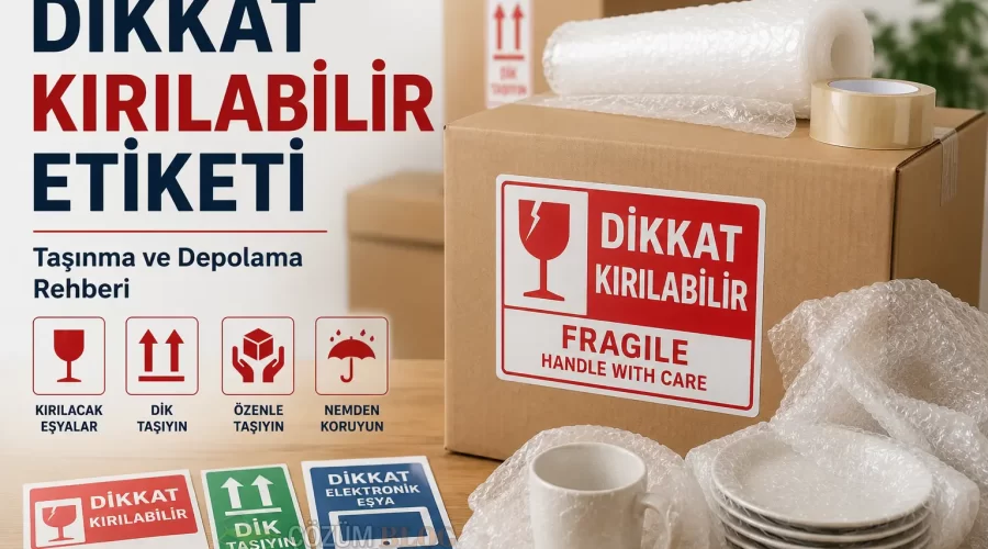 Dikkat kırılabilir etiketi bulunan taşınma kolisi, balonlu naylon ve kırılacak eşya paketleme görseli