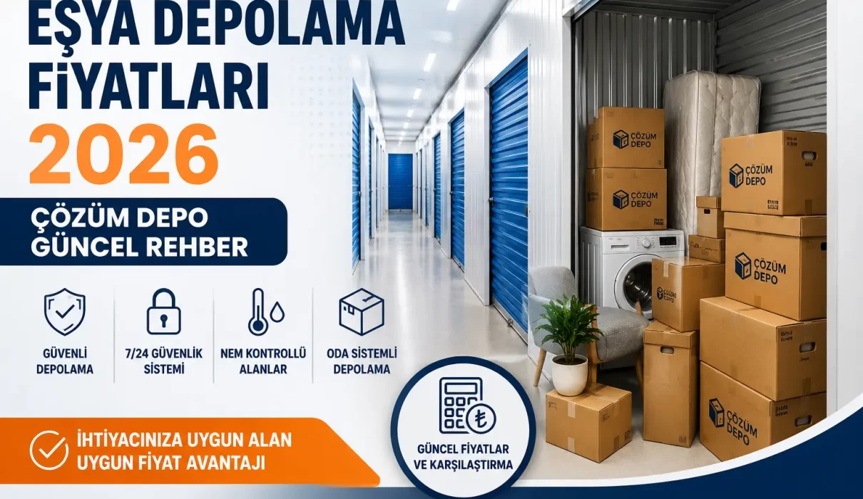 Eşya depolama fiyatları 2026 Çözüm Depo güncel rehber görseli, oda sistemli depo alanı ve depolanan ev eşyaları