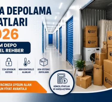 Eşya depolama fiyatları 2026 Çözüm Depo güncel rehber görseli, oda sistemli depo alanı ve depolanan ev eşyaları
