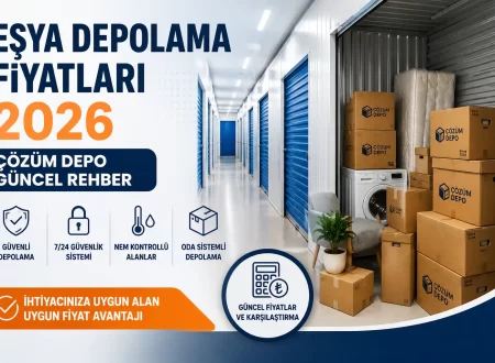 Eşya depolama fiyatları 2026 Çözüm Depo güncel rehber görseli, oda sistemli depo alanı ve depolanan ev eşyaları