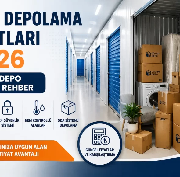 Eşya depolama fiyatları 2026 Çözüm Depo güncel rehber görseli, oda sistemli depo alanı ve depolanan ev eşyaları