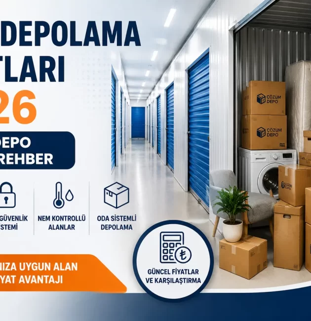 Eşya depolama fiyatları 2026 Çözüm Depo güncel rehber görseli, oda sistemli depo alanı ve depolanan ev eşyaları