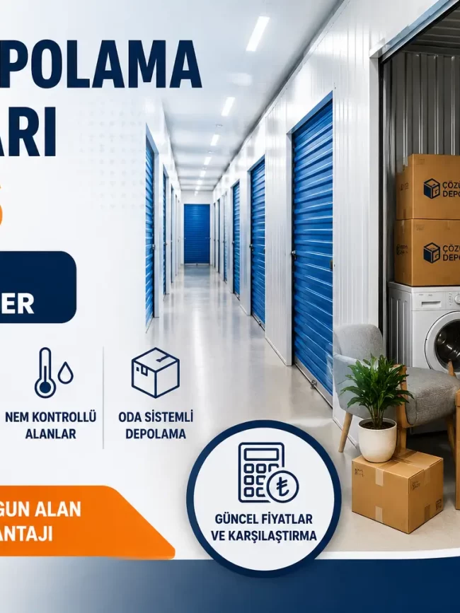 Eşya depolama fiyatları 2026 Çözüm Depo güncel rehber görseli, oda sistemli depo alanı ve depolanan ev eşyaları