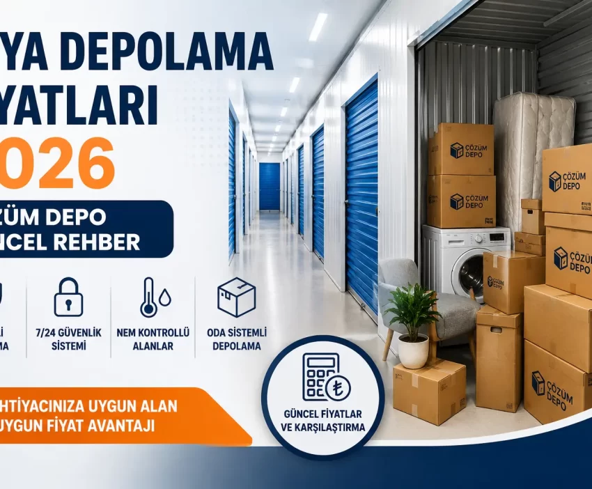 Eşya depolama fiyatları 2026 Çözüm Depo güncel rehber görseli, oda sistemli depo alanı ve depolanan ev eşyaları