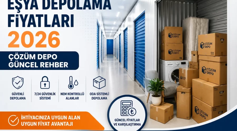 Eşya depolama fiyatları 2026 Çözüm Depo güncel rehber görseli, oda sistemli depo alanı ve depolanan ev eşyaları