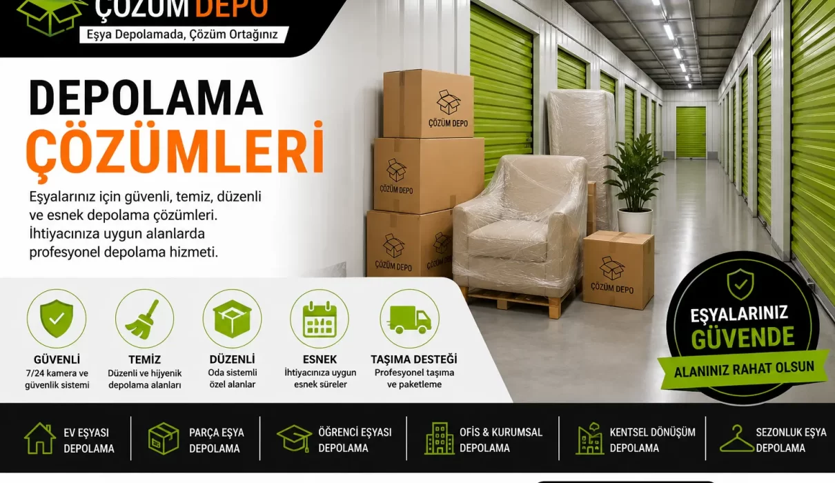 Depolama çözümleri için Çözüm Depo logosu bulunan güvenli, temiz ve düzenli eşya depolama alanı görseli.
