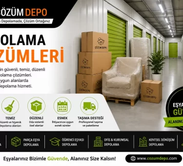 Depolama çözümleri için Çözüm Depo logosu bulunan güvenli, temiz ve düzenli eşya depolama alanı görseli.