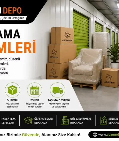 Depolama çözümleri için Çözüm Depo logosu bulunan güvenli, temiz ve düzenli eşya depolama alanı görseli.