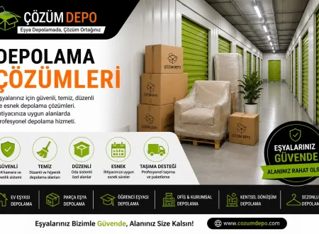 Depolama çözümleri için Çözüm Depo logosu bulunan güvenli, temiz ve düzenli eşya depolama alanı görseli.