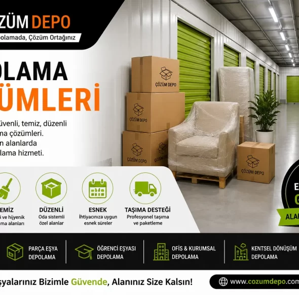Depolama çözümleri için Çözüm Depo logosu bulunan güvenli, temiz ve düzenli eşya depolama alanı görseli.