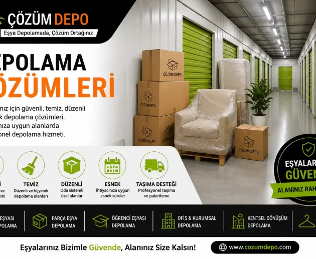 Depolama çözümleri için Çözüm Depo logosu bulunan güvenli, temiz ve düzenli eşya depolama alanı görseli.