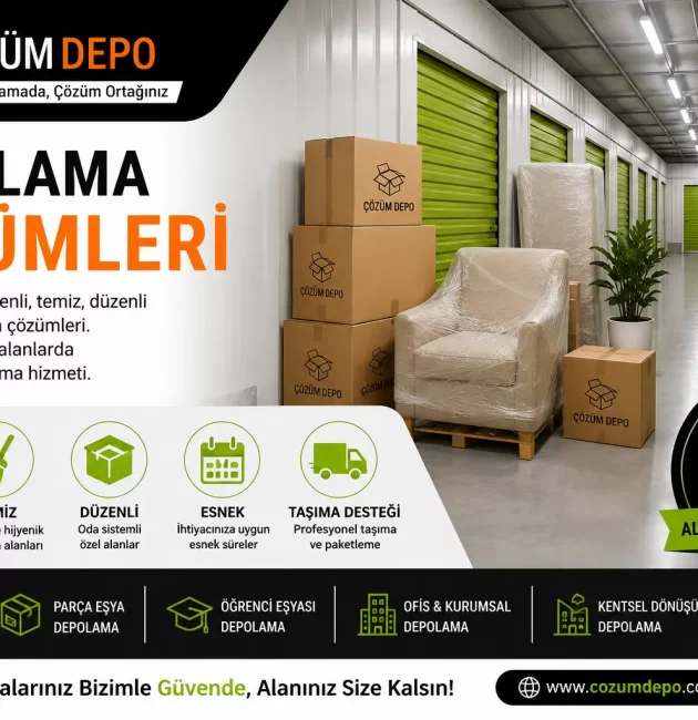 Depolama çözümleri için Çözüm Depo logosu bulunan güvenli, temiz ve düzenli eşya depolama alanı görseli.
