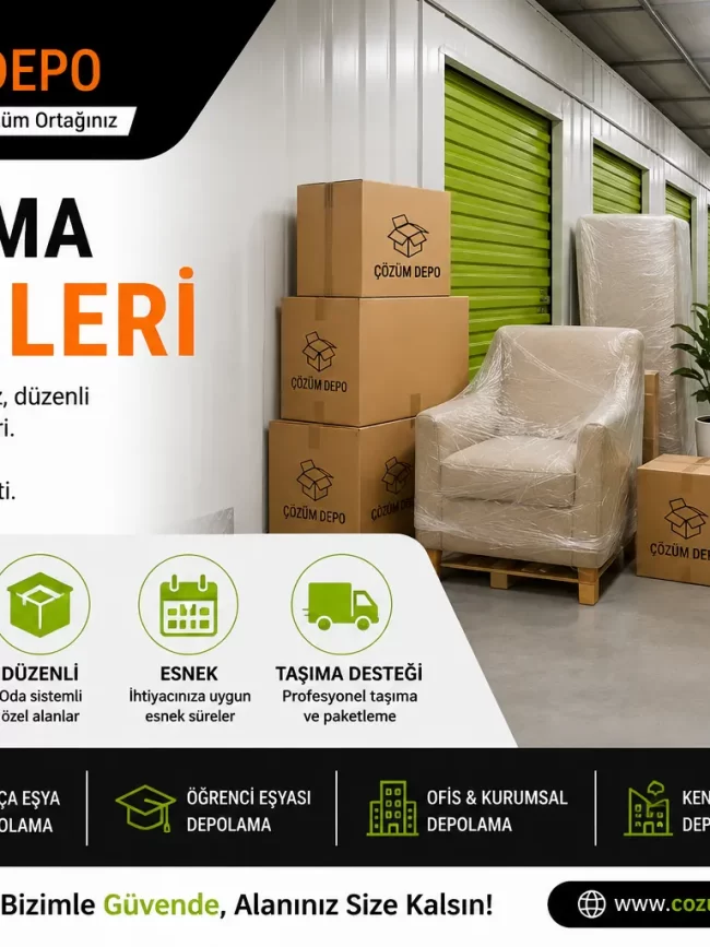 Depolama çözümleri için Çözüm Depo logosu bulunan güvenli, temiz ve düzenli eşya depolama alanı görseli.