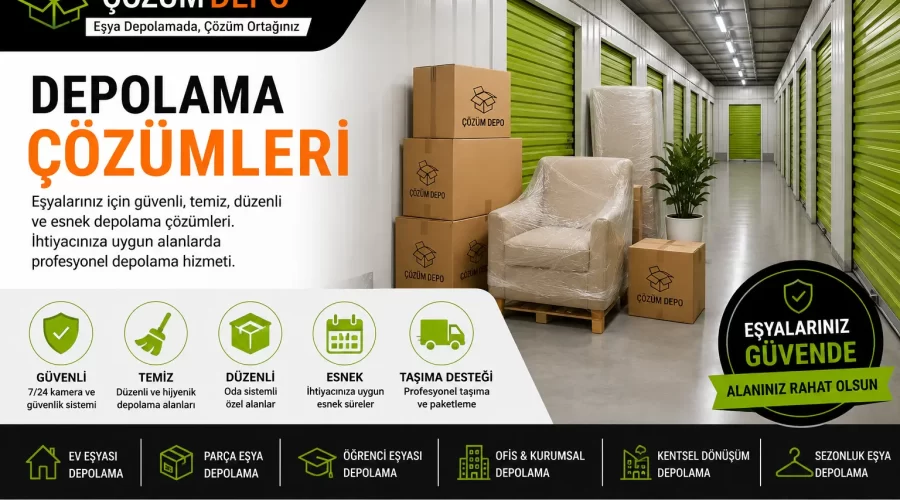 Depolama çözümleri için Çözüm Depo logosu bulunan güvenli, temiz ve düzenli eşya depolama alanı görseli.
