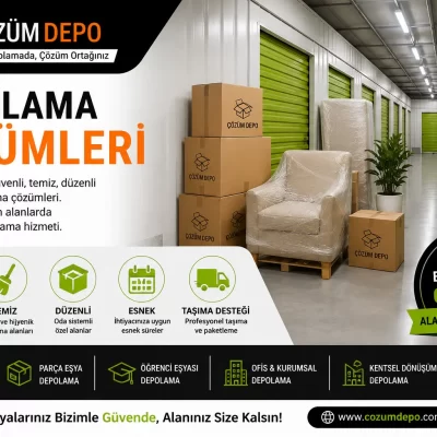 Depolama çözümleri için Çözüm Depo logosu bulunan güvenli, temiz ve düzenli eşya depolama alanı görseli.